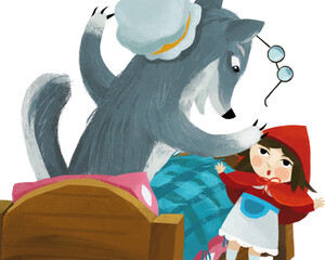 cartoon scene with little girl kid near wooden bed in red hood illustration for children
