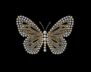 Butterfly pattern embroidery Shiny, silver and black print with diamonds, Isolated fashion abstract background rhinestone hot fix design hand drawn