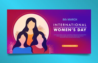 Simple 8 March International Women horizontal banner with different cute girl flat illustration 
