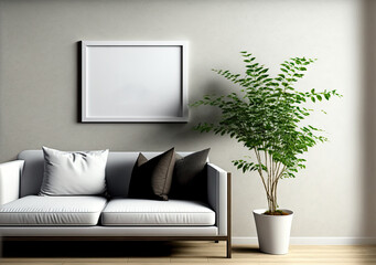 Mockup photo frame on the wall of the living room or lobby, with a sofa and a potted plant for decoration. Generative AI