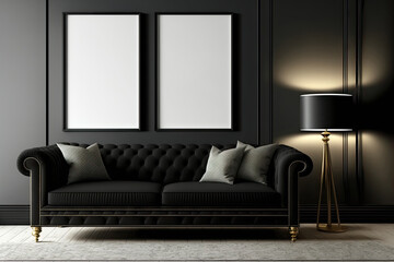 Black sofa with fake frames in contemporary living room. Generative AI