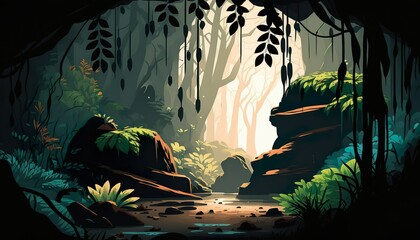 AI-generated forest illustration with big stones covered with moss, visible from the cave