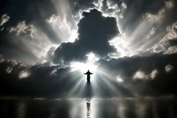 A silhouette of Jesus Christ can be seen in the beautiful heavens over the sea. Generative AI