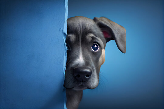 Scared puppy, why did something wrong, peeks out from behind a corner on a blue background, with space for text