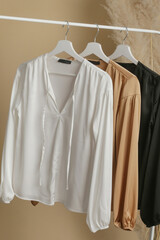 Women's Clothes. Clothes rack with stylish and elegant satin long sleeved blouses in fashion atelier. Minimalist fashion blog concept.