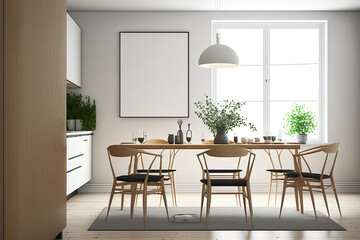 a mockup of a large board with a frame in a dining area and kitchen with attractive furniture and comfy decor in a Scandinavian style,. Generative AI