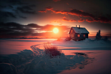 a hut in the snow and the sunset. Generative AI