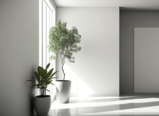 Interior design of a contemporary empty room with potted plants. Generative AI