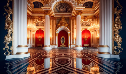 A realistic fantasy interior of the royal palace. golden palace. castle interior. Fiction Backdrop. concept art. generative ai - obrazy, fototapety, plakaty