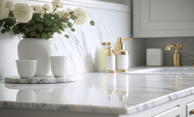 Fototapeta na wymiar Elegant white bathroom interior with marble white countertop with copy space and bathroom appliances product. 