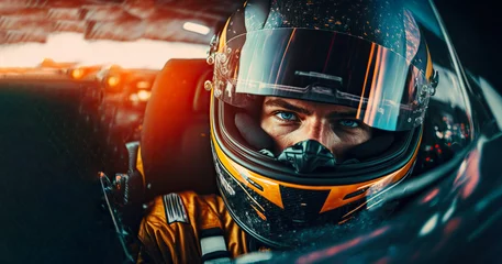 Fotobehang Racer in a helmet driving a car on the track. digital art, ai  © Viks_jin