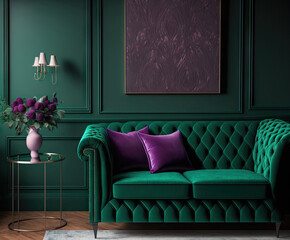 Luxury living room in dark color. Green emerald painted walls, lounge rich furniture purple lilac violet sofa. Empty space for art. Elegant interior design. Mockup room or hall. Generative AI