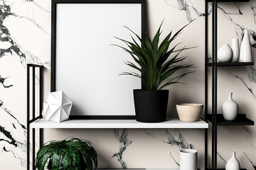 A white shelf with a black frame resting on it is in a room with bright marble decor and plants. mockup. Generative AI