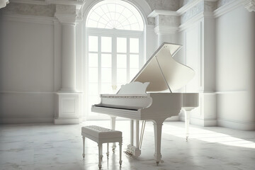 Vertical image of a white grand piano in a music school with its lid open and a piano bench beside. Generative AI
