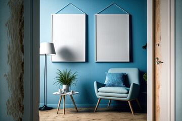 Two empty interior posters mockups in a blue living room with wooden frames. Generative AI