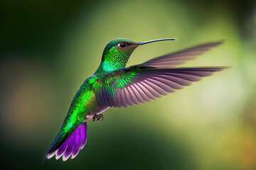 Fototapeta premium Colibri thalassinus, a green violet ear hummingbird, in flight on a green background in Costa Rica. Generative AI