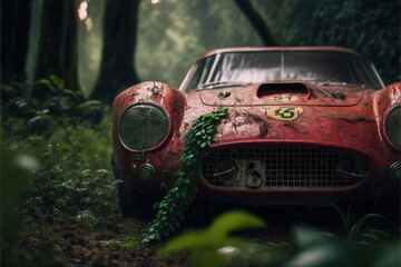an illustration of a wrecked car in the woods