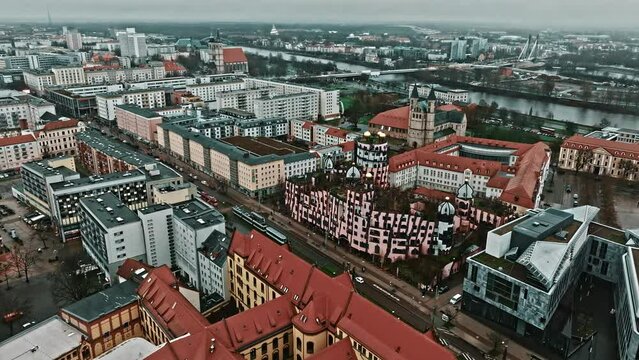 Aerial view of the Green Citadel (Gr&uuml;ne Zitadelle) by Friedensreich Hundertwassers in Magdeburg city, Saxony-Anhalt, Germany .