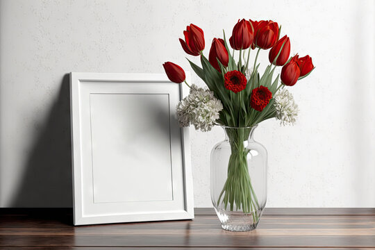 White framed mockup with red flowers in a vase on a white hardwood table. Generative AI