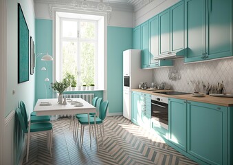 classically styled white and turquoise interiors, a parquet floor, and wooden accents,. Generative AI