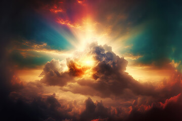 Fototapeta premium colorful sky with the sun hidden by high clouds. background in religion. Generative AI