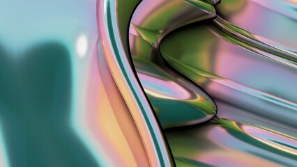 Pink and green molten metal plates organically molded Abstract, dramatic, modern, luxurious and upscale 3D rendering graphic design element background material.