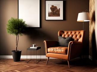Warm toned living room interior wall mockup, armchair on wooden flooring. Generative AI
