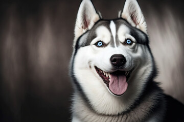 Siberian Husky dog with pointed ears, amusing Husky dog grinning and laughing eyes, and adorable enthusiastic canine emotions. Gray and white Siberian husky dog with a sardonic expression, playing aro