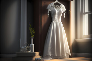 Wedding dress on a hanger, window in the sunlight, traditional white lace design, generative ai
