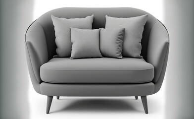 Couch in Gray, Isolated Two Seater Loveseat with Spread Throw Pillows and Upholstered Seat. Modern couch with upholstery and armrests. Furniture for the home. modern style living room Front View of a