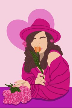 Woman with flowers, pink animated heart, Valentines day, 8 of March illustration, vertical
