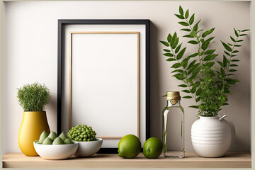 An interior wall mockup with a fruit and timber frame, an essential oil bottle, and decorative accessories is shown in the illustration. Generative AI