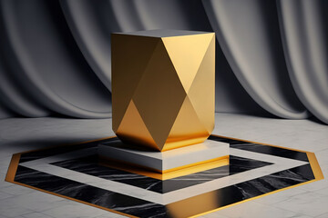 Golden rhombus on a square of gray marble used as a product pedestal; geometric stage on the floor of the room; and an abstract location for the award ceremony. Generative AI