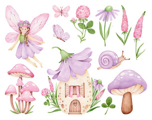 Magical kids set.Elf,flower house,snail,mushroom,butterfly.Vintage fairy © Victoria