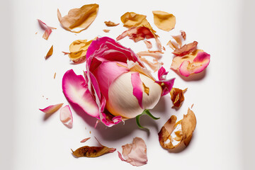 Isolated rose and pink petals on a white backdrop. Generative AI