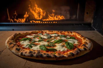 Foto op Plexiglas Pizza Margherita: A classic pizza with a simple topping of tomato sauce, mozzarella cheese, and fresh basil. © AlexRillos