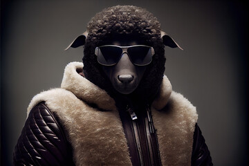 Generative AI:  a black sheep wearing a jacket and shirt in a photo studio background