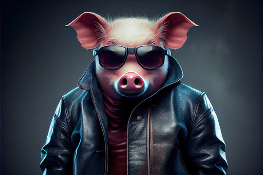 Generative AI:  a pig wearing a jacket and shirt in a photo studio background