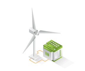 Flat isometric concept 3d illustration windmill electric energy storage battery