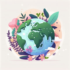 Flat design cartoon earth day illustration terrestrial globe symbol. AI generated.