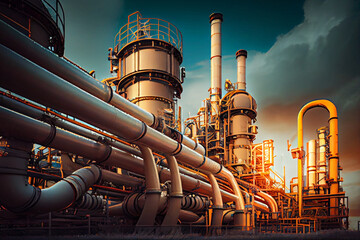 Führende Linien mit Rohrleitungen und Rohrgestell einer Erdölindustrieanlage bei Sonnenuntergang - Generative Ai