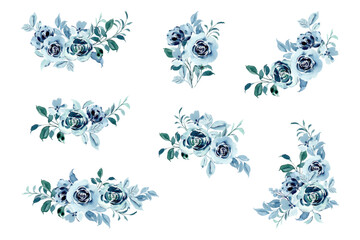 Fototapeta na wymiar Watercolor set of blue green rose flower decorations