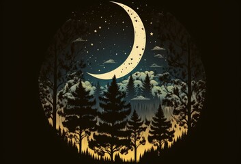 Fototapeta premium Moon nightscape, waxing waning crescent moon phase, with silhouetted pine trees in the woodland and a crescent moon in the nighttime sky. Generative AI
