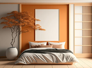 White and orange toned mock up of a Japandi bedroom. Japanese copy space and simple interior design. Generative AI