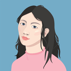 Portrait of young asian woman. Illustration of social avatar on colourful background