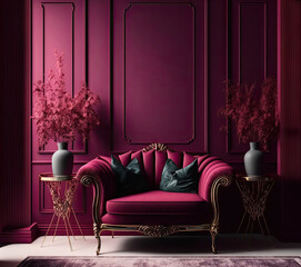 Viva magenta trend color year 2023 in the rich luxury interior livingroom. Painted mockup wall for art crimson burgundy colour. Modern lounge dark room design home. Office or reception. Generative AI