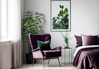 Stylish room interior with comfortable purple chair, bed and plant near white wall. Generative AI