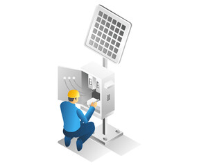 Flat isometric 3d illustration concept of man repairing solar electric energy panel