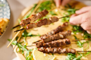 italian, sheep, hot, pieces, mutton, roast, rosemary, buffet, fork, lamb, pastor, restaurant, kitchen, fire, flames, photography, broil, close-up, color image, fat, aerial view, burning, close up, dog