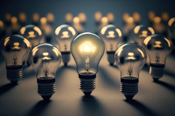 Outstanding background concept with a novel idea. There is one blazing light bulb among the others. Generative AI